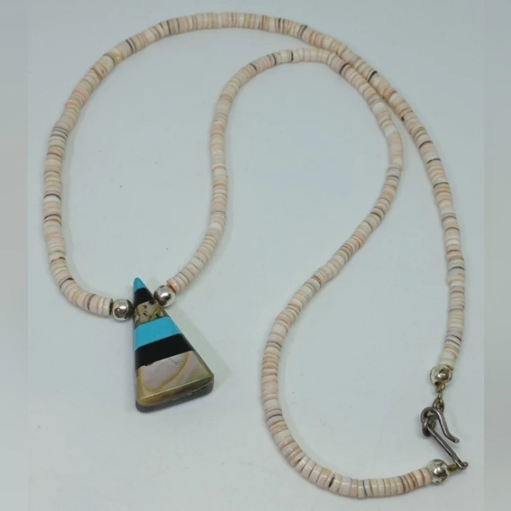 * vintage Navajo heishi oyster shell & stone inlay necklace 21" - Picture 1 of 6